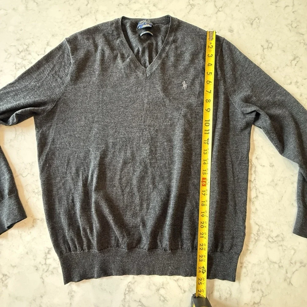 POLO Ralph Lauren Washable Merino Wool V-neck Sweater Large Gray Graphite